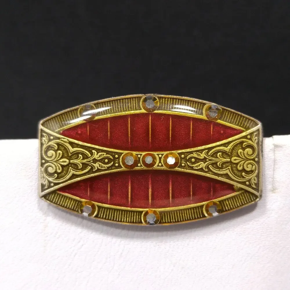 Catherine Popesco Red Enamel Art Deco Brooch, Rhinestones Under Enamel, France